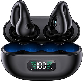 Ear Clip Bluetooth Earuds Open Ear Bone Lead Wireless Headphones with LED Display Charging Case 36h Playtime for Running Gymnastics Sports PC ABS Material (Black)