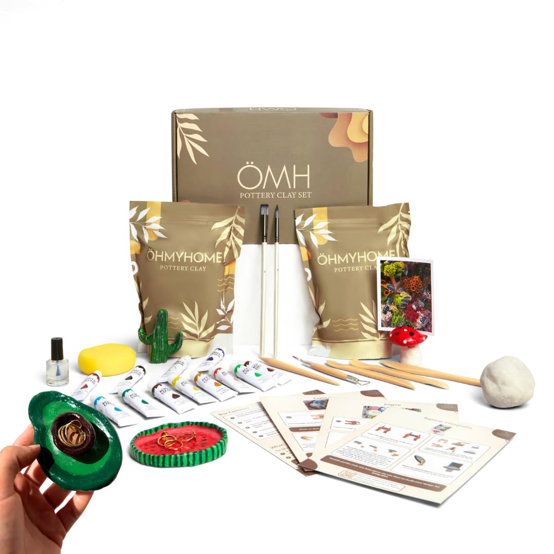 ÖHMYHOME Kit di argilla per asciugatura all'aria per principianti a casa,set di artigianato con argilla bianca,vernice lucida,12 vernici acriliche,strumenti,pennelli,spugna e manuale in spagnolo e