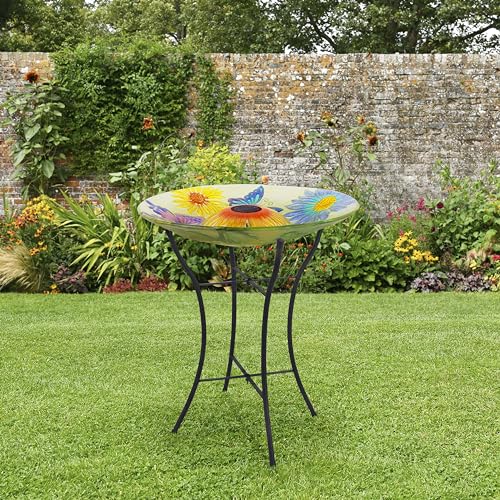 image for Teamson Home Handpainted Butterfly Fusion Glass Solar Birdbath Bowl Fe