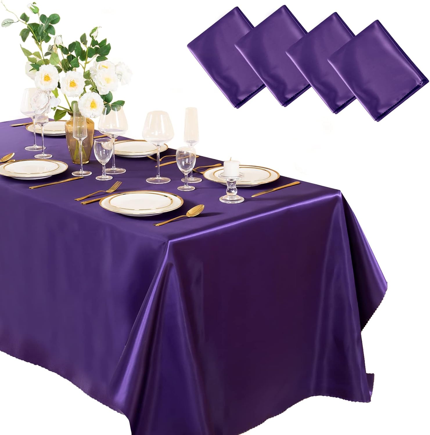 Horbaunal 4 Pack Purple Satin Tablecloth 60 x 102 Inches Rectangle Satin Table Cover Bright Silk Table Cloth Smooth Table Decoration for Wedding Party Banquet Purple 4