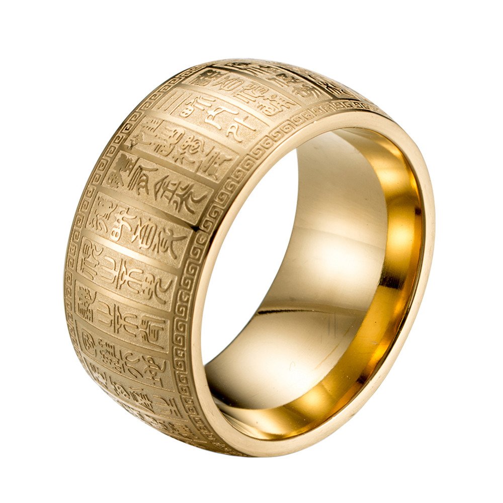 Men's Stainless Steel 11MM Wide Mantra Ring Ancient Chinese Engraved Amulet Biker Band Silver/Gold