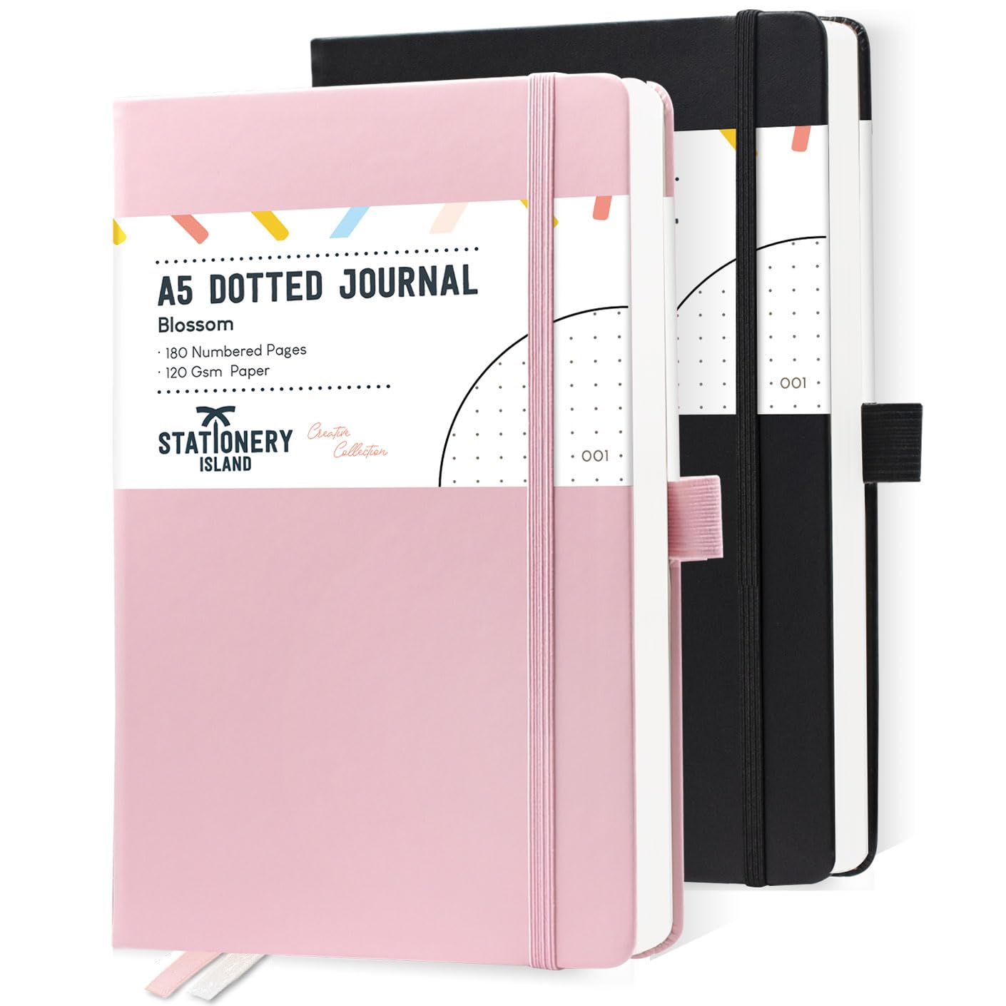 STATIONERY ISLAND A5 Bullet Dotted Journals, 180 Numbered Pages (2 Pack), 120gsm Thick Paper Hardcover Dotted Notebooks, 5.3"x8.4" for Journaling, Planning, Study (black + blossom)