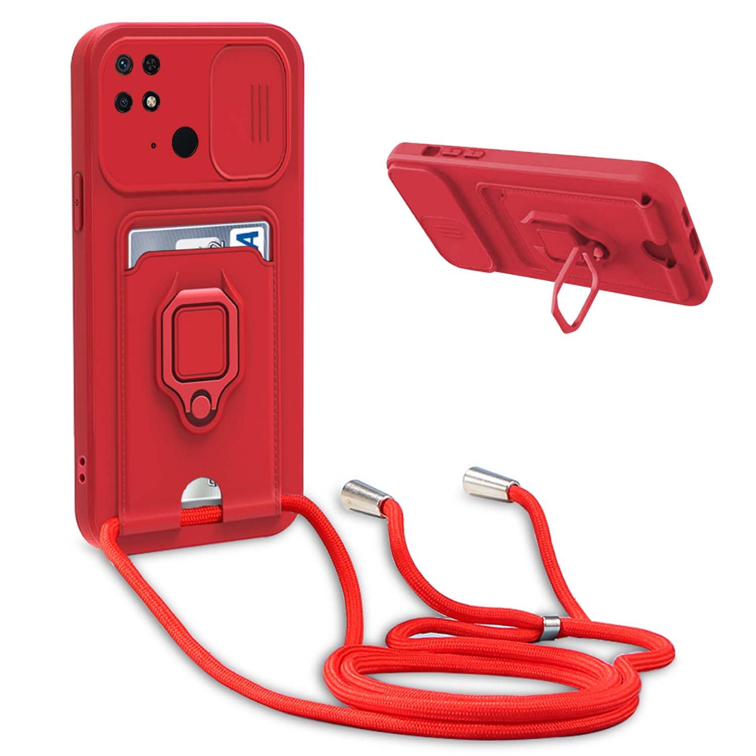 Cover Compatibile con Xiaomi Redmi 10A /9C con Cordino,Custodia con Cordino Silicone Cover,Protezione Fotocamera,360°Anello Supporto,Porta Carte,Rosso