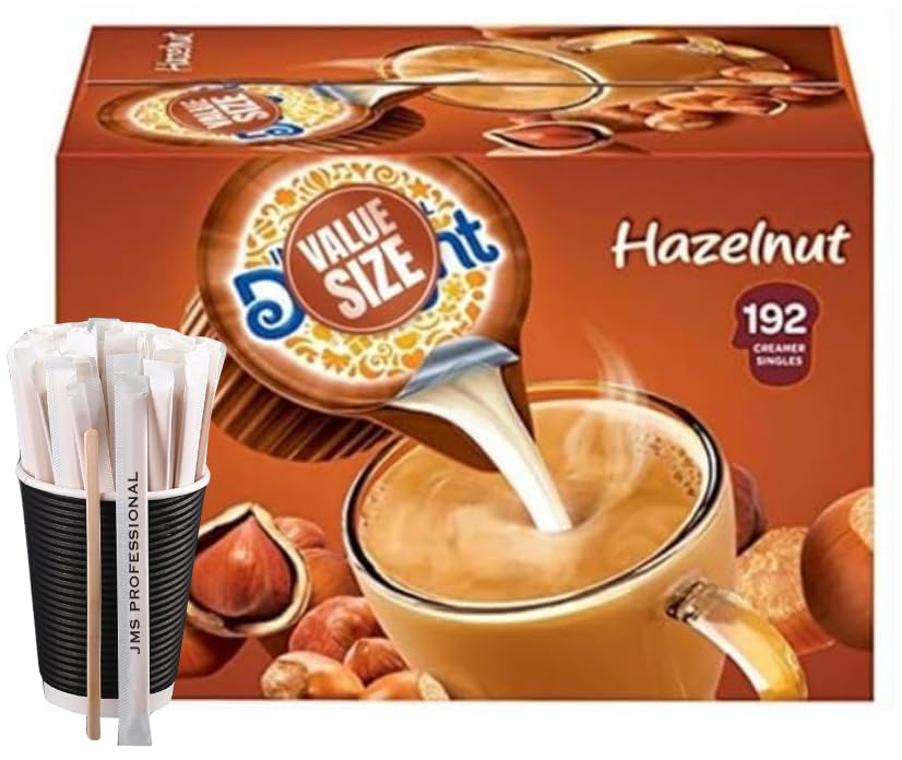 Coffee Creamer Hazelnut 192 Creamer Singles Included Great for Offices, Restaurants, Coffee, Bar, Gift and Homes, Hazelnut Creamer Singles, along with our 20 Pcs Paper Wrapped Wood Coffee Stirrers By JMSPROFESSIONAL.