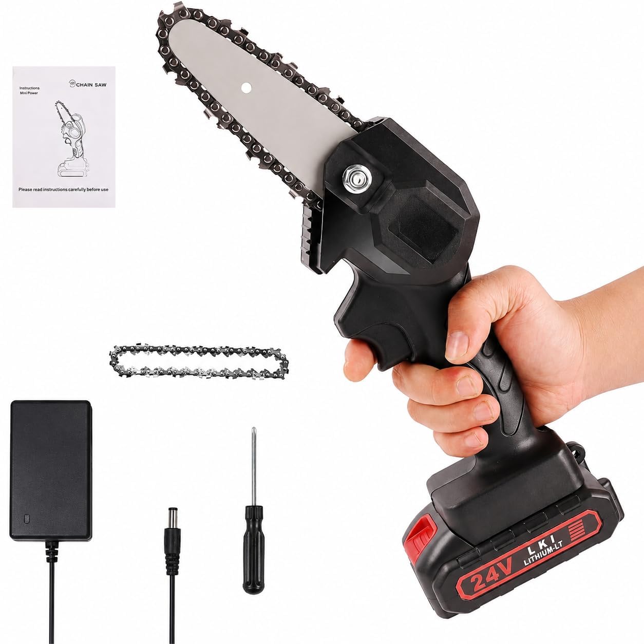 24V Cordless Rechargeable Chainsaw, 5-Inch Mini Electric Saw, Lightweight One-Hand Battery Powered Cutter for Tree Branches, Wood Cutting, Garden Trimming & Pruning-image-14