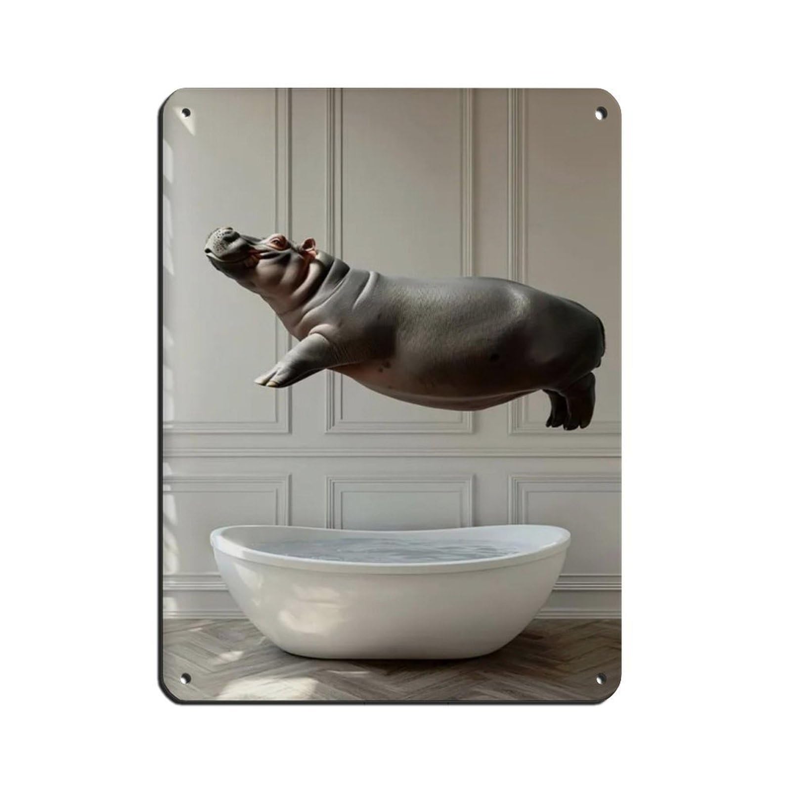 Hippo Jumping Into Bathtub, Funny Bathroom Art Tin Sign Vintage Metal Pub Club Cafe Bar Home Wall Art Decoration Poster Retro 12x16inch(30x40cm)