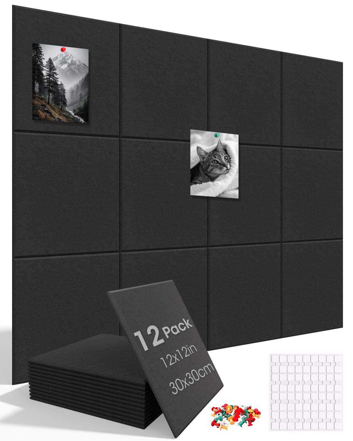 Pinnwand 12er Set selbstklebend,vision board，30x30cm je Tafel, 9mm dick, schallabsorbierend, inkl. Korkwand Alternative，90 bunte Pinnnadeln, für Büro, Küche, Kinderzimmer, Schule