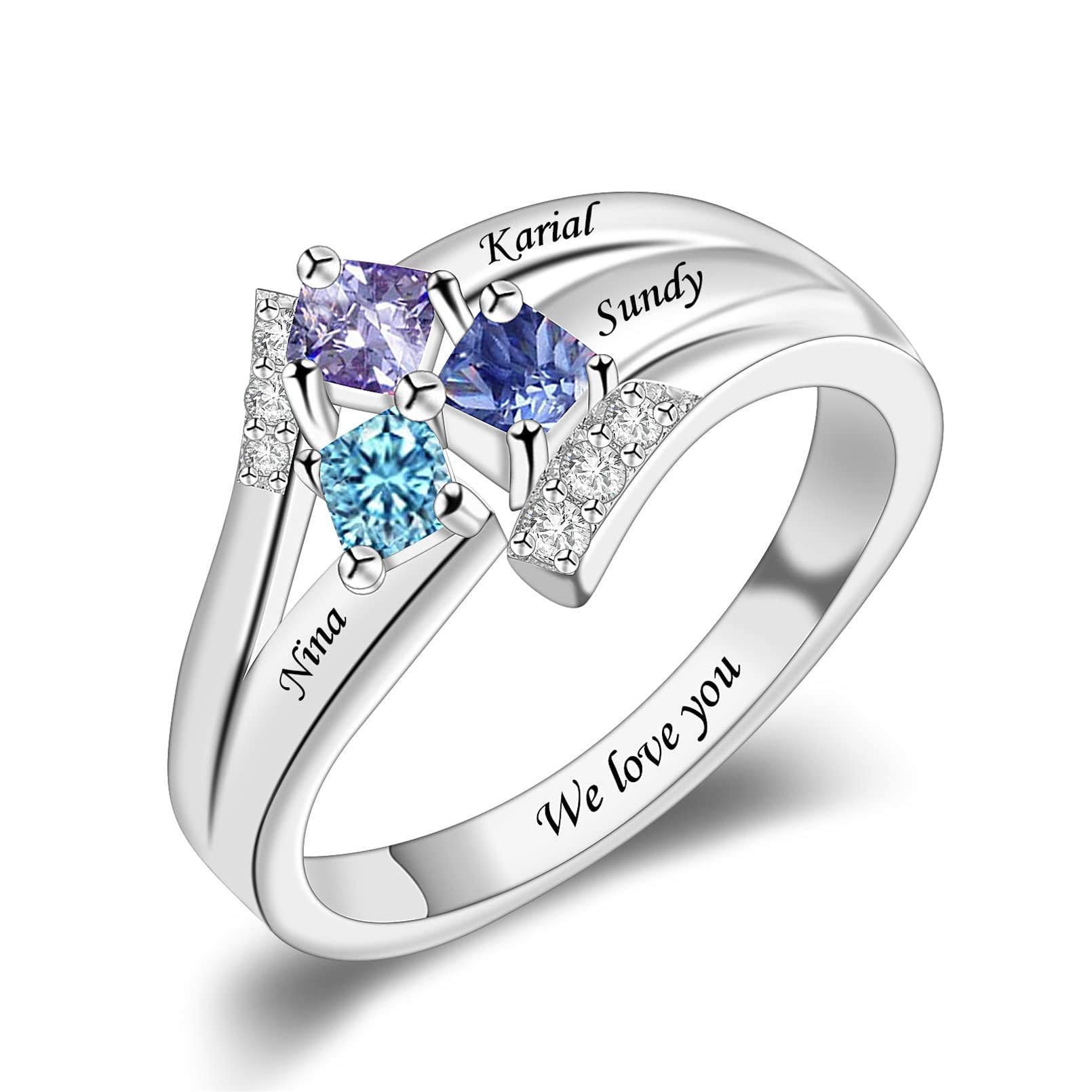 MissNaNa 925 Sterling Silver Personalized Mothers Rings with Simulated Birthstones Engraved 1-6 Family Names