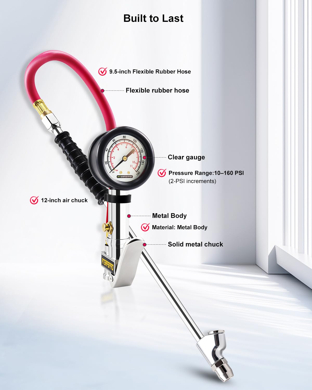 ATsafepro Tire Inflator with Gauge, 10-160 PSI, 12-Inch Extended Straight Air Chuck with Pressure Gauge for Dual Wheels, 1/4 NFT & Quick Plug, Tire Pressure Checker for Trucks, RVs, Trailers thumbnail