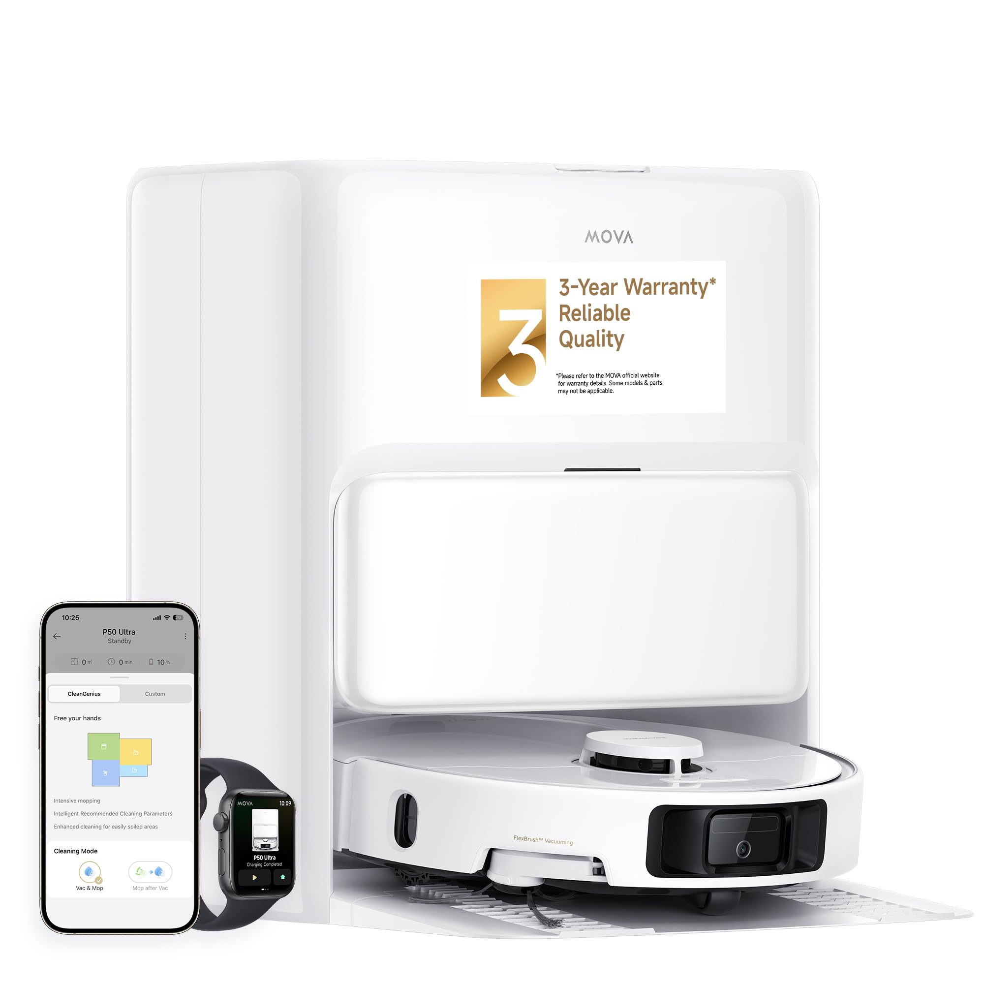 Mova P50 Ultra Robot Vacuum Cleaner with Flexible Mop, 19,000 Pa Suction Power, Corner and Edge Cleaning, Automatic Cleaning of Mop and Washboard at 75°C, Automatic Emptying & Refill