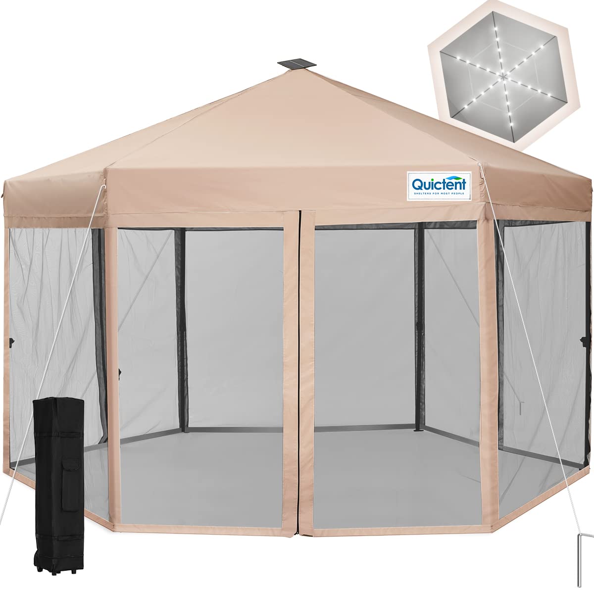 Quictent 13'x 13’ Hexagonal Pop up Canopy Tent with Mosquito Netting, Instant 6-Sided Screen House Room Tent Easy Set up, LED Lights Inclued(Tan)