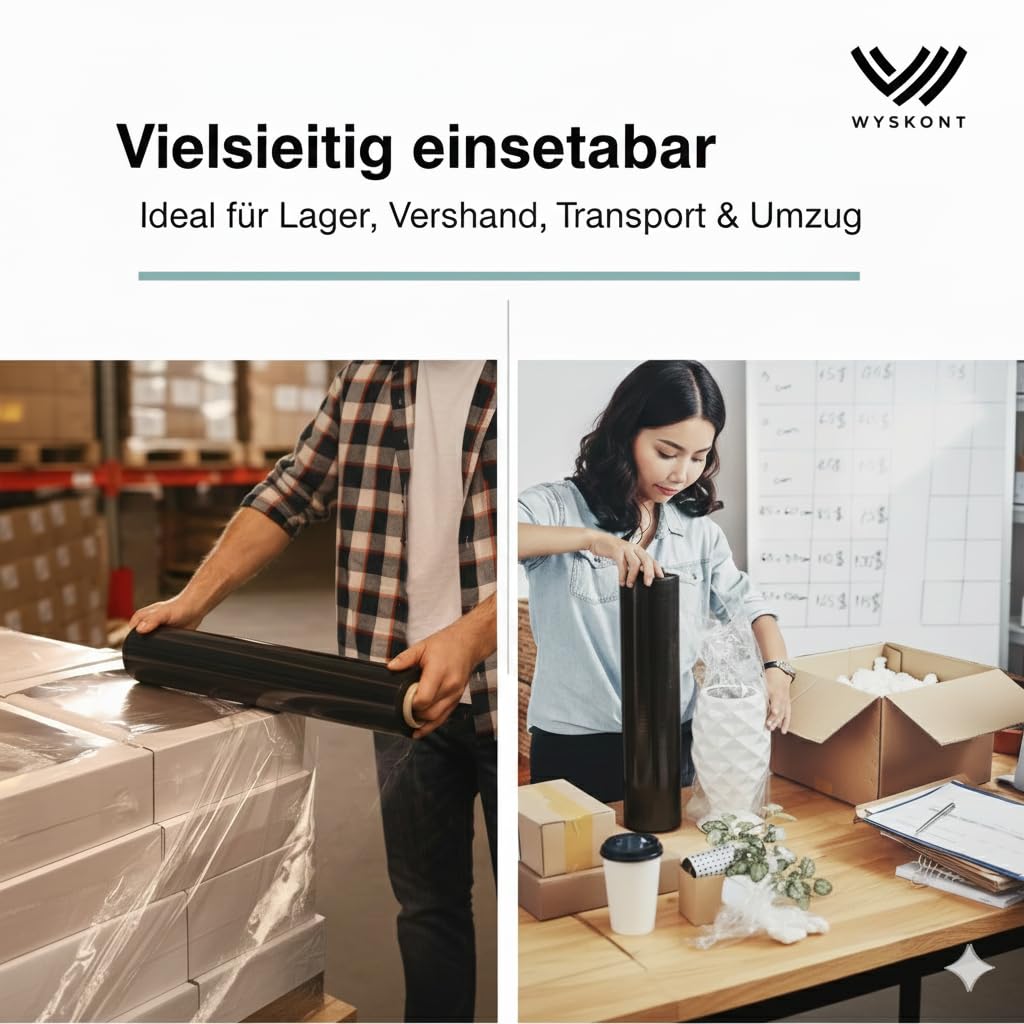 Stretchfolie 23 µm – 2,5 kg • 2,2 KG netto • 250 m • 50 cm Breite | Premium-Handstretchfolie für Verpackung, Paletten, Umzug & Versand | Reißfest, elastisch | Industriequalität | Schwarz | 6 Stück