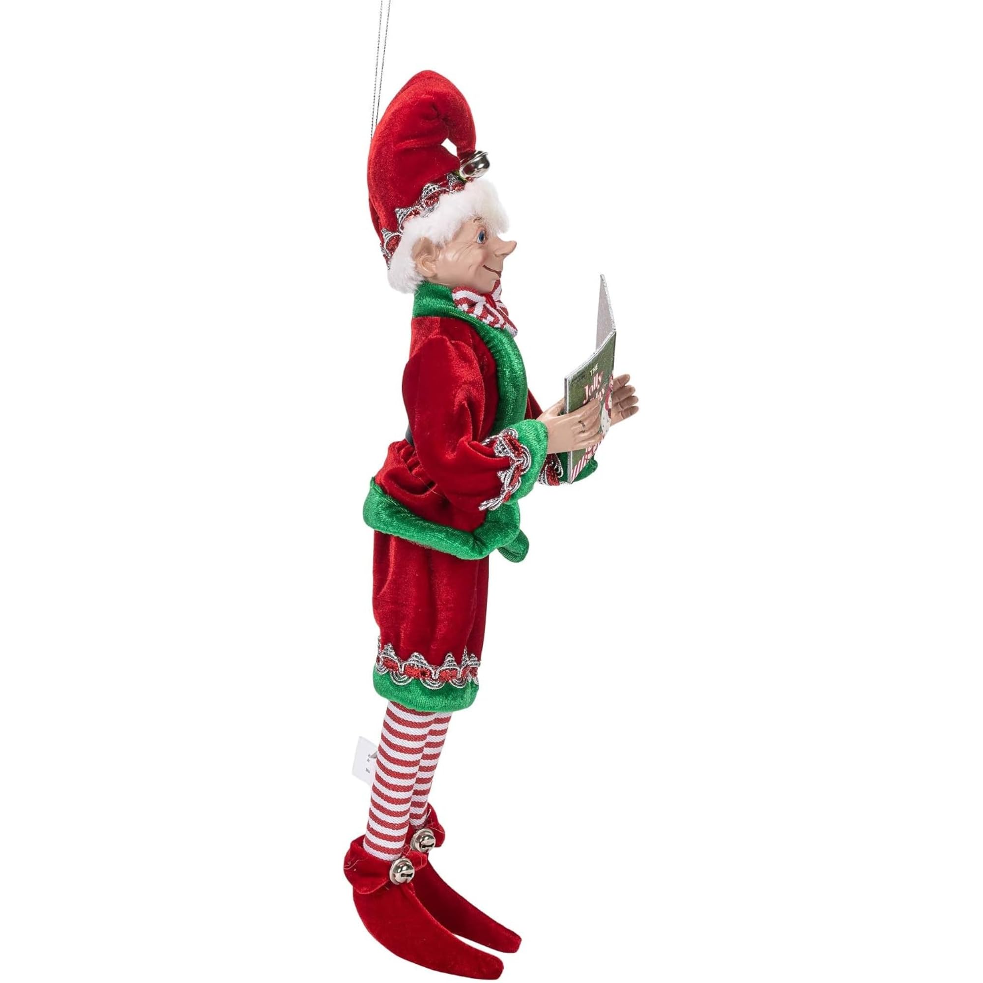 RAZ Imports Elfo de Navidad Posable, 16 Pulgadas de Alto, Traje de Terciopelo Rojo y Verde con Libro de Papá Noel, colección navideña de los Juegos de Reno 2019
