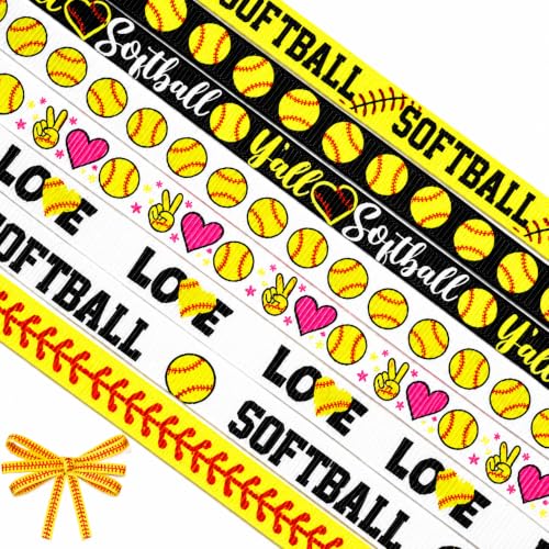 8 Rolls 40 Yards Softball Sports Ribbon 3/8 Inch Wide Glitter Yellow Dotted Ribbons Love Softball Pattern Ribbons for Softballs Hair Bows Crafts Team Decoration and Theme Gifts Decorations
