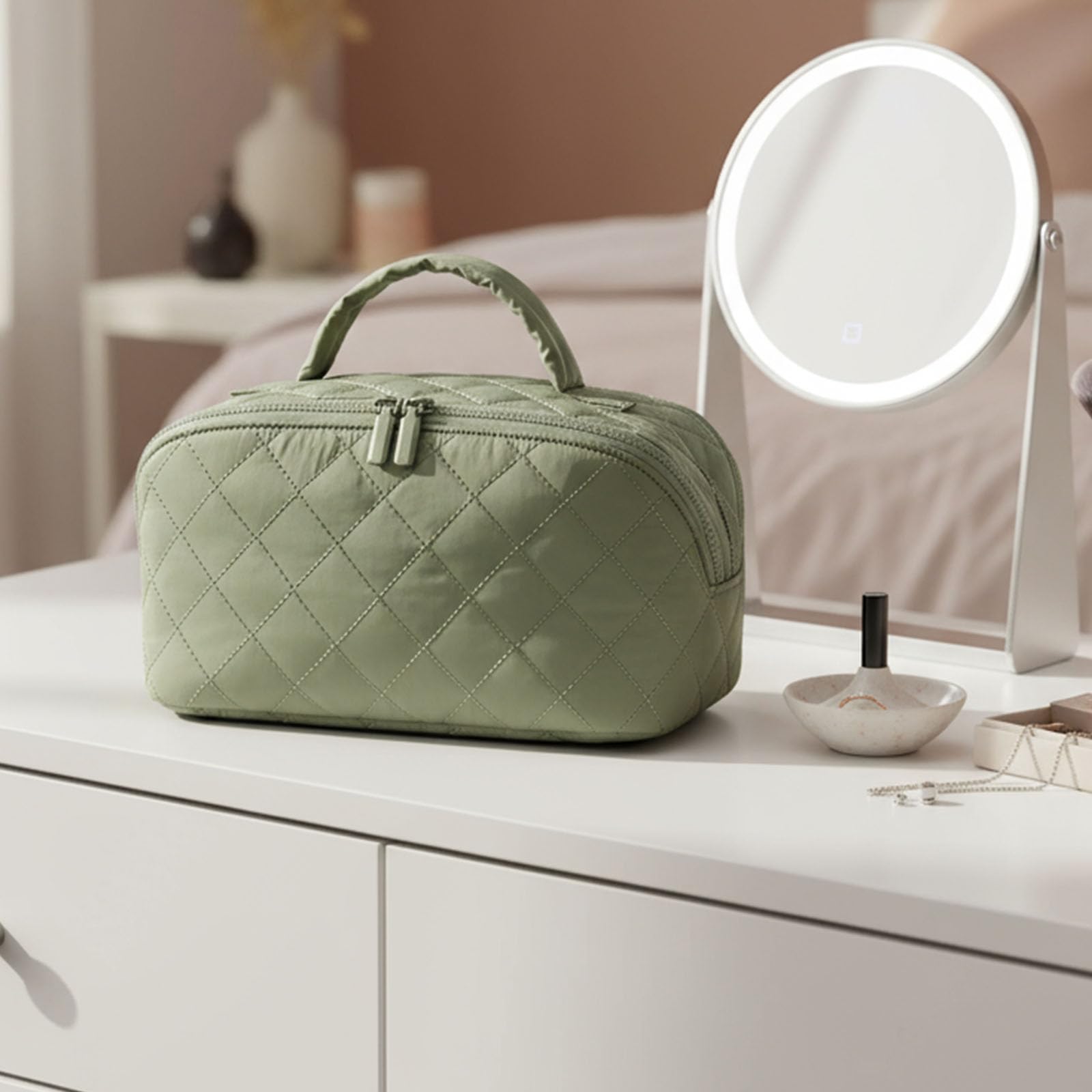Reise-Make-up-Taschen-Set, 2-teilig, großes Fassungsvermögen, wasserdicht, Kosmetik-Organizer mit Pinselfach und Griff, gesteppter Kulturbeutel, lässt sich flach öffnen, für Damen