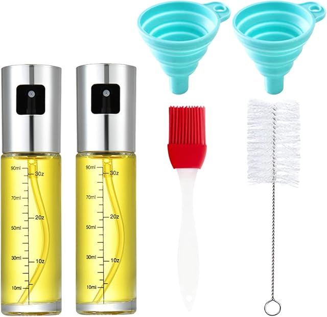XZM Oil Sprayer for Cooking, 2 Pack Olive Oil Sprayer Mister with Oil Brush Funnel, Refillable Oil Spray Bottle, 100ml Oil Spritzer Dispenser for BBQ, Salad, Baking, Air Fryer