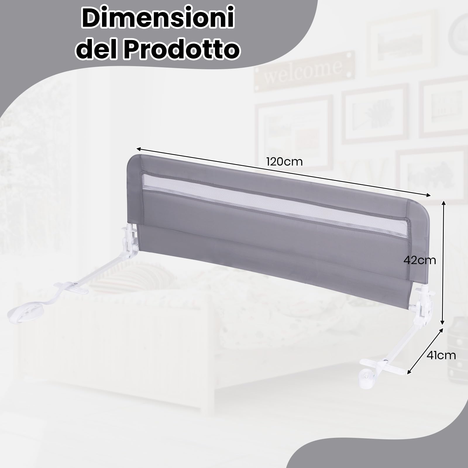 COSTWAY Sponda da Letto per Bambini 100/120 cm, Barriera Pieghevole per Letto, con Cintura di Sicurezza, Sponda di Sicurezza per Bambini, per Letti Singoli, Doppi, 100/120 x 41 x 42 cm (120 cm,Grigio)