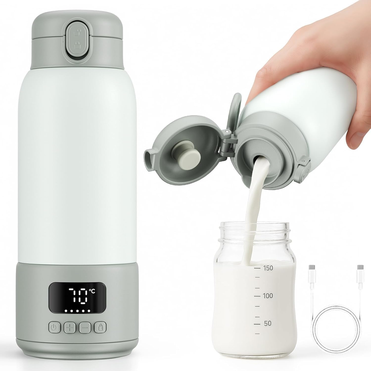 Scaldabiberon portatile da viaggio, 500 ml, per latte materno, formula o acqua, riscaldamento rapido e lunga durata della batteria 16000 mAh, per auto e viaggi in aereo