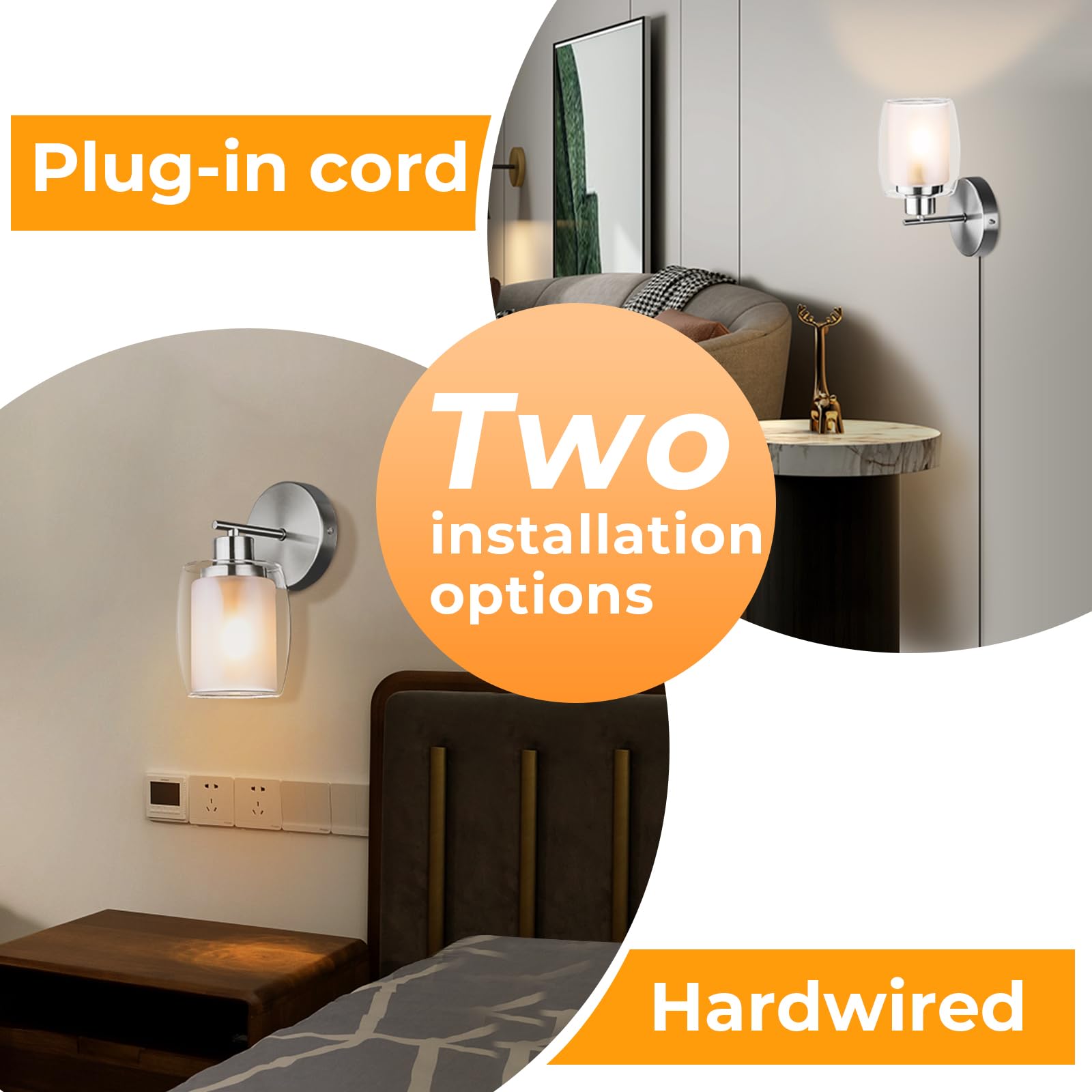 FALCON HIMA Plug in Wall Sconces with Double Glass Shade, Wall Lights for Bedroom, Living Room, Sconces Wall Lighting Wall Lamp with Plug in Cord, Bathroom Light Vanity Fixtures (Brushed Nickel)