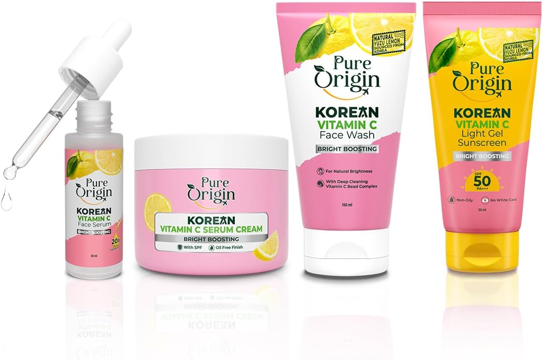Pure Origin Korean Vitamin C Face Essentials Combo | No White Cast Sunscreen (50g), Brightening Serum (30ml), Spots-reducing Serum Cream (50g) & Face Wash With Microbeads (150ml) | Visibly Bright Skin
