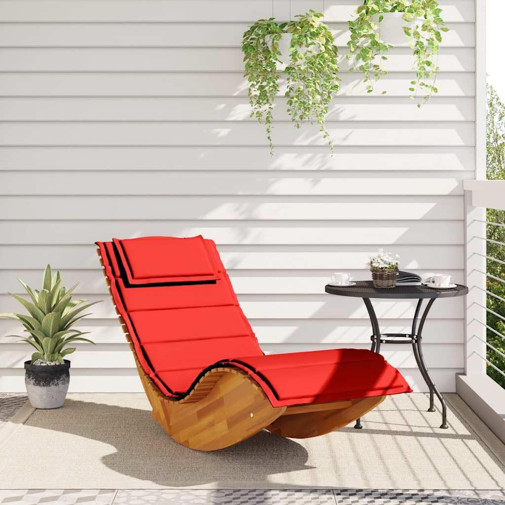 Schaukel-Sonnenliege Akazienholz mit Roter Auflage 154x60cm | Ergonomische Gartenliege aus Echtholz für Terrasse, Pool und Garten. Inklusive dickem Kissen und Kopfkissen für Komfort.