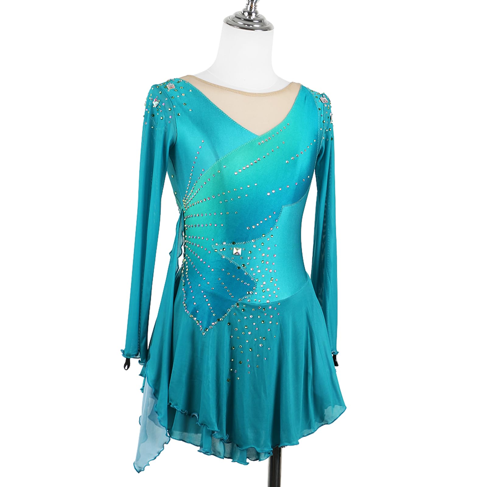 Vestido de Patinaje artístico, Traje de competición con Diamantes de imitación de Mariposa, Leotardo de Danza de Ballet lírico y Gimnasia, Vestido de Patinaje sobre Hielo (Verde S)