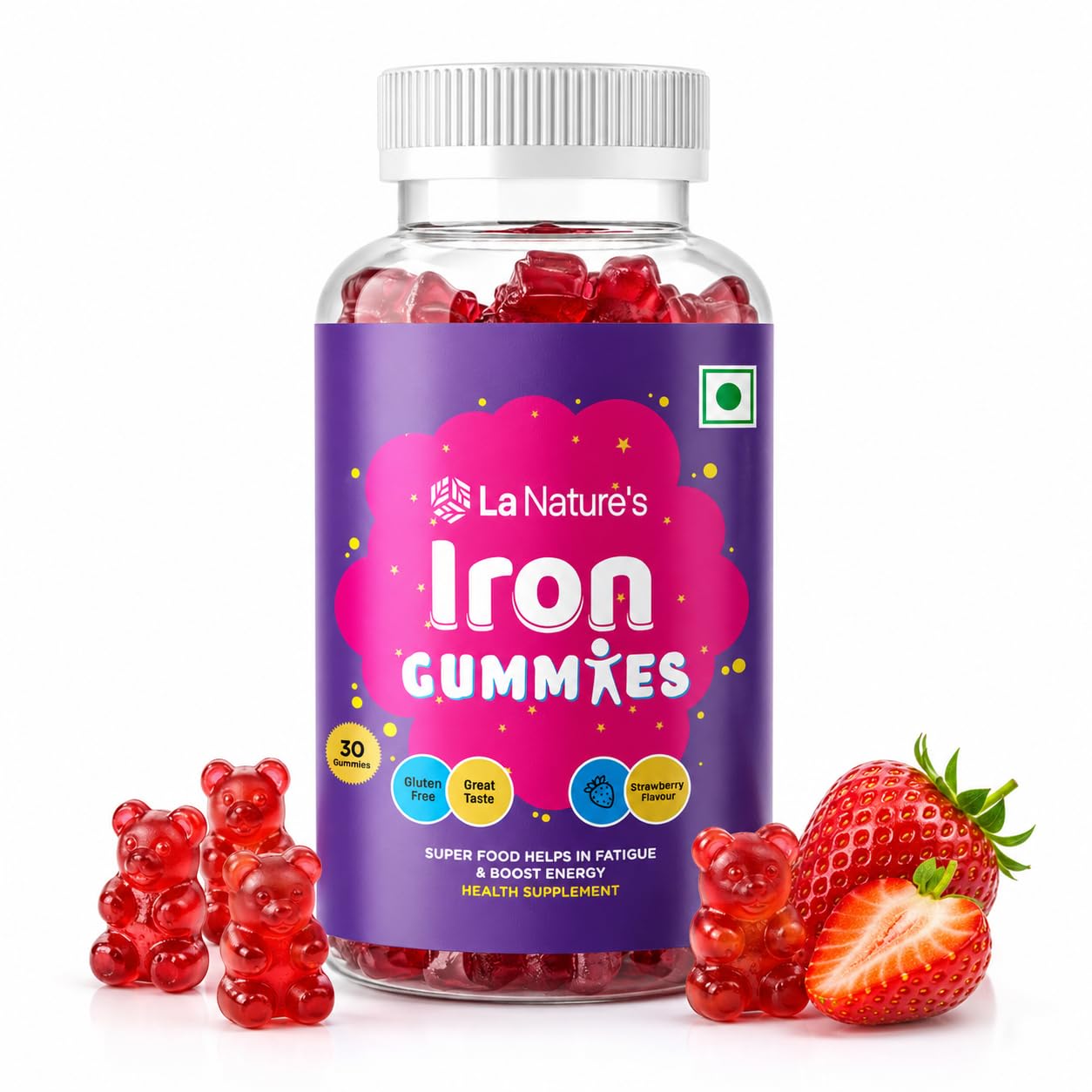 La Nature's Iron Gummies For Kids And Adults Superfood To Prevent Fatigue And Boost Energy Maintain Hameglobin Level Supports Immune System Strawberry Flavour - Pack of 30-image-47