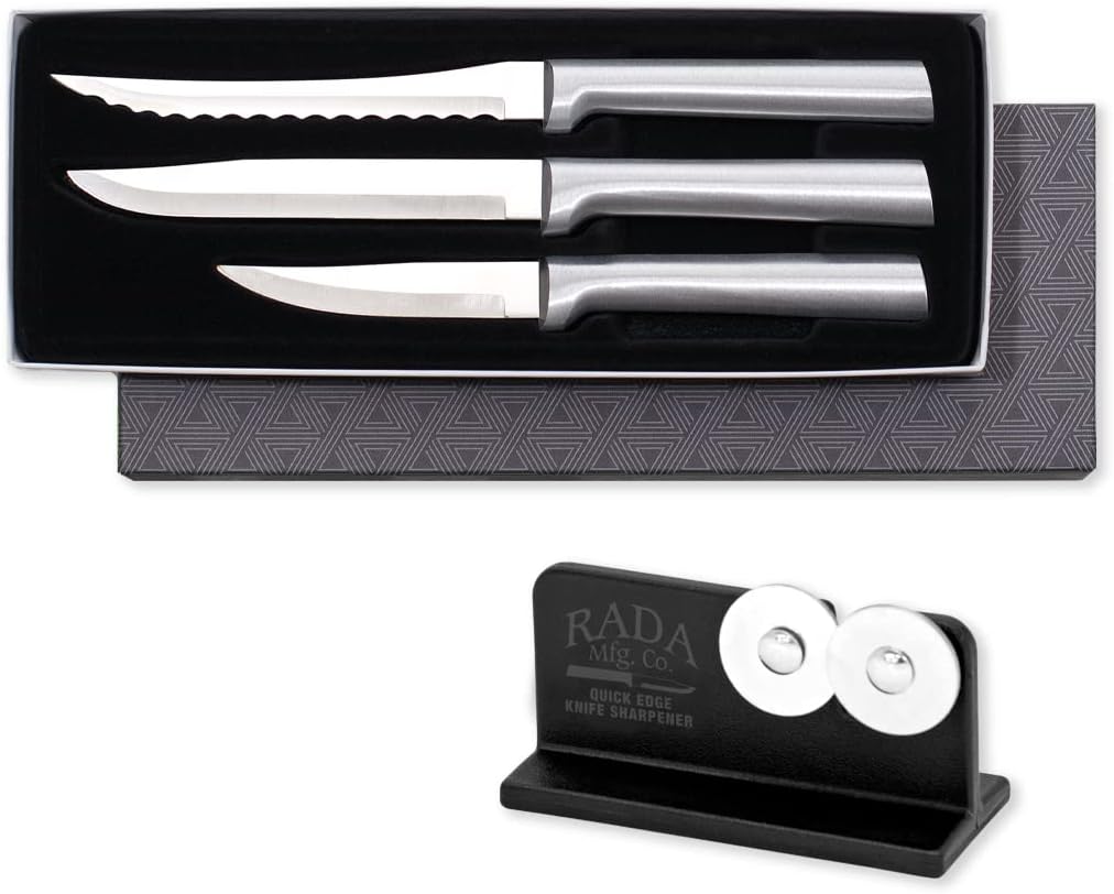 RADACutlery 3-piece Cooking Essensials Knife Gift Set with Quick Edge Sharpener, Silver Handles
