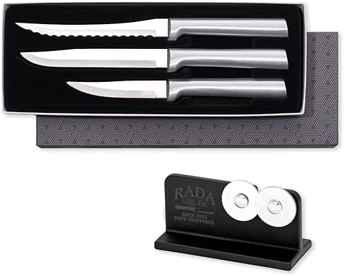RADA Cooking Essentials - Juego de 3 piezas con mango de plata con afilador de cuchillos