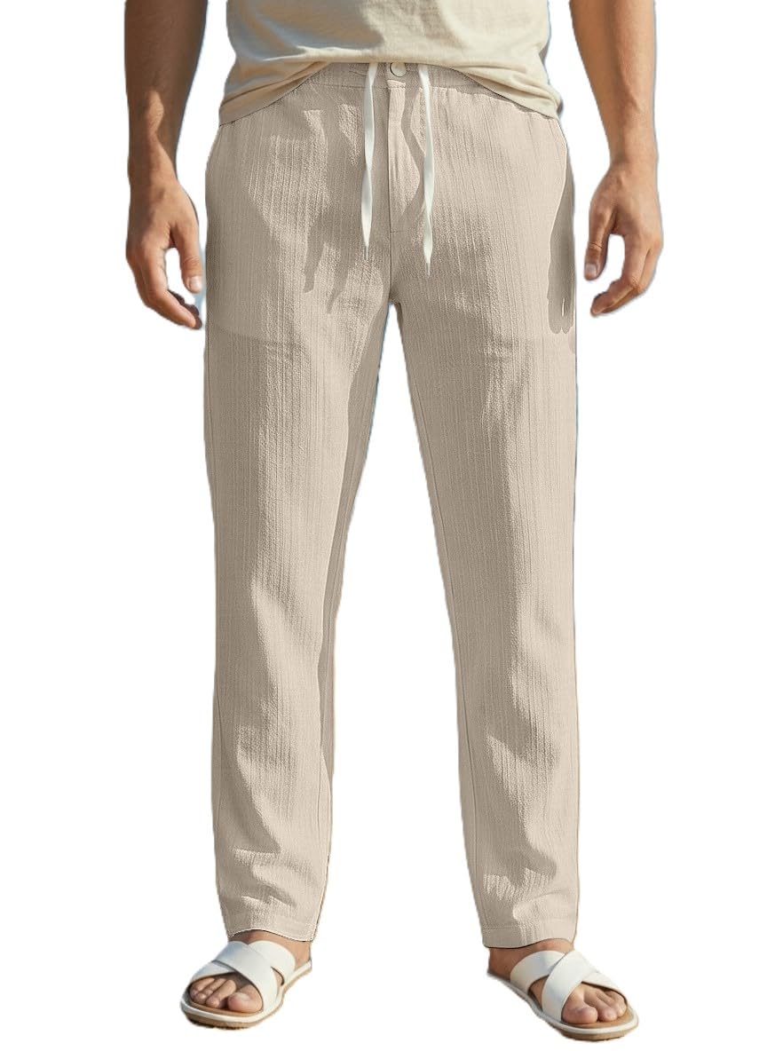 indiclub Men's Linen Drawstring Pants, Casual Beach Trousers, Lightweight Breathable-picture-29