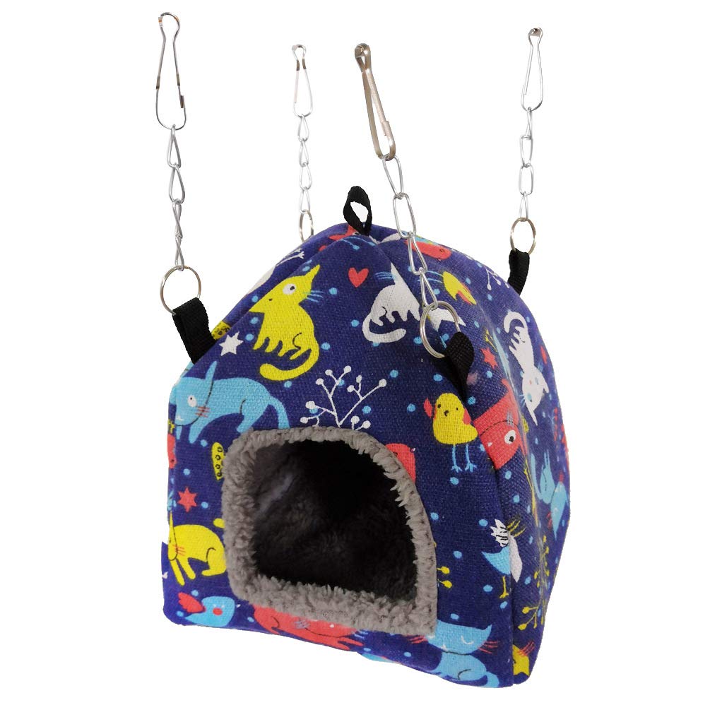 Bird Plush Hammock Parrot Hanging Snuggle Cave Happy Hut Tent for Parakeet Cockatiel Conure Lovebird Budgie Hamster Gerbil Rat Chinchilla Squirrel Cage (M, Blue Cat)