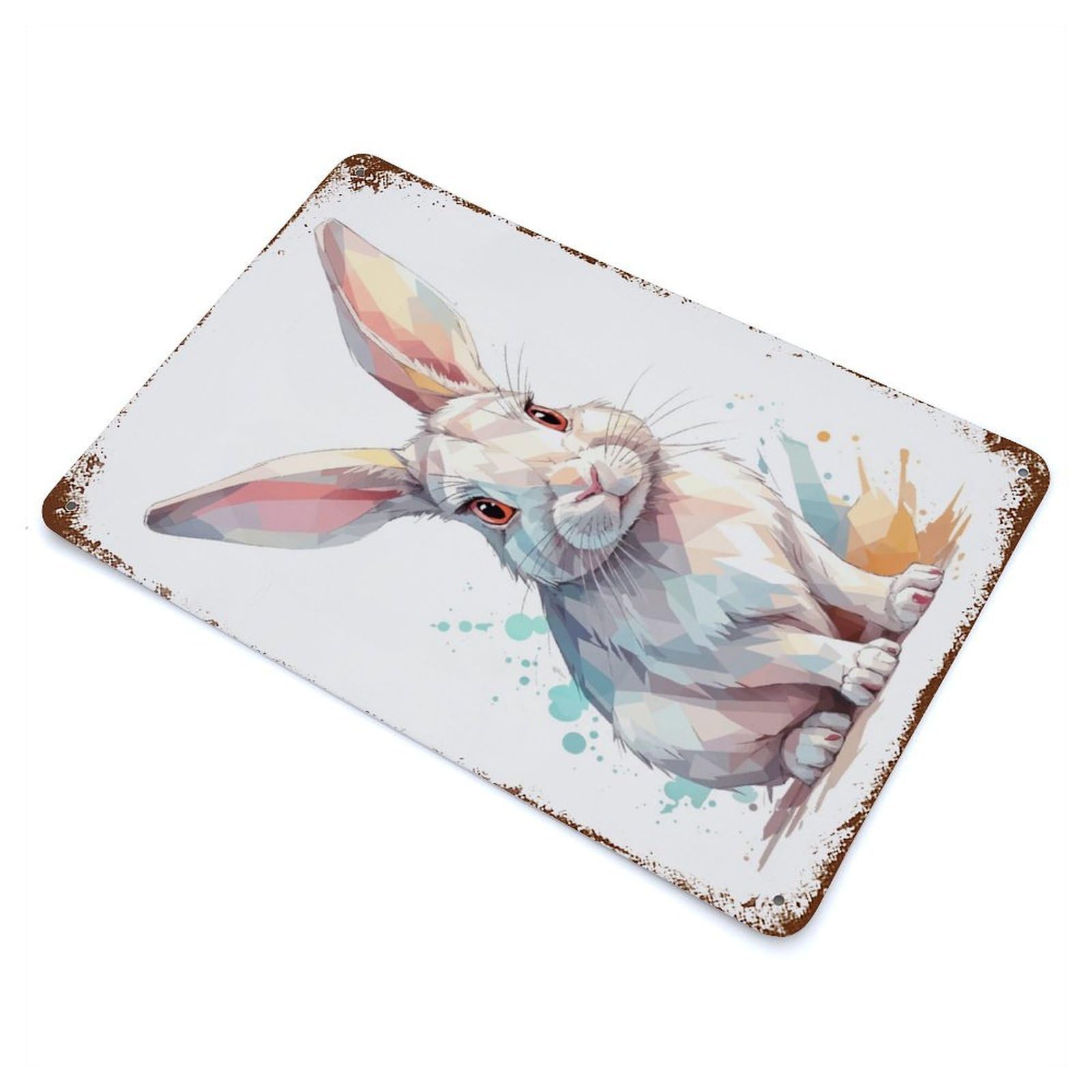 White Rabbit Illustration Rusty Metal Tin Sign 11.8"x7.9", for Basement, Hobby Room And Garage Decor, Retro Wall Decor