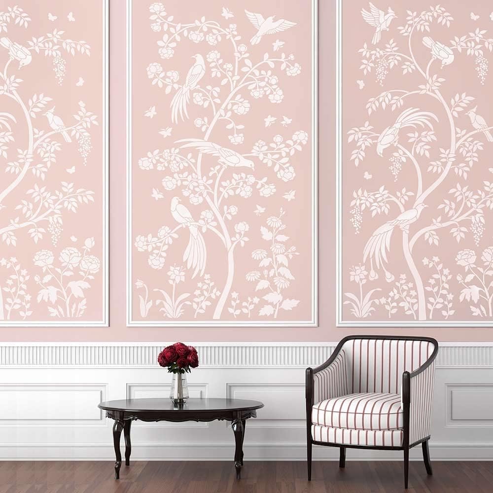 Dequera Birds and Roses Chinoiserie Wall Mural Stencil - Wall Painting Stencils for Easy Room Makeover – Large Stencil for Painting Walls – Stenciling Saves Money - , Size - 24 X 24