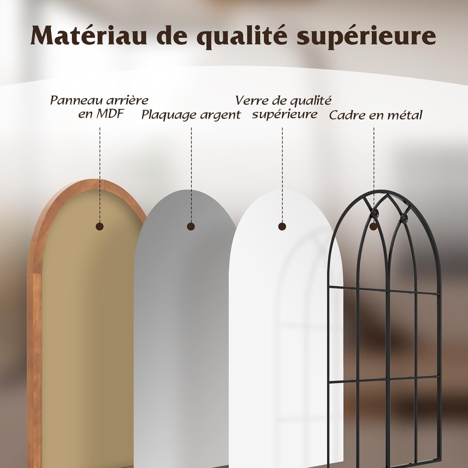 RELAX4LIFE Miroir Mural Arqué, Miroir Fenetre Arche avec Cadre Métallique, Verre Haute Définition, Style Shabby, Décoration Murale Rustique pour Chambre Entrée Salon