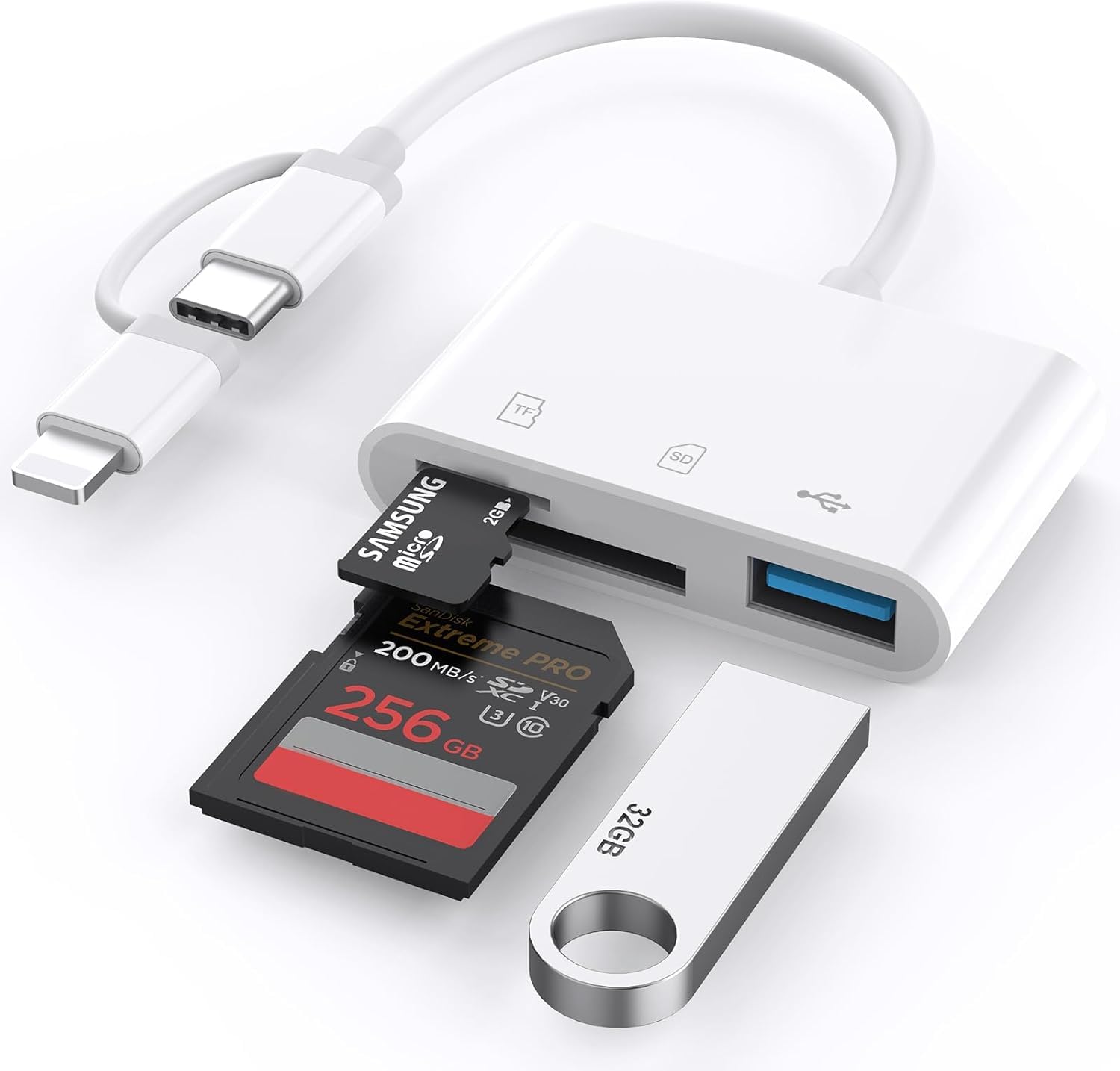 sd card reader for iphone ipad, built-in lightning usb-c dual port sd card adapter with sd microsd usb 3 slots trail camera memory card viewer, no app required, plug and play
