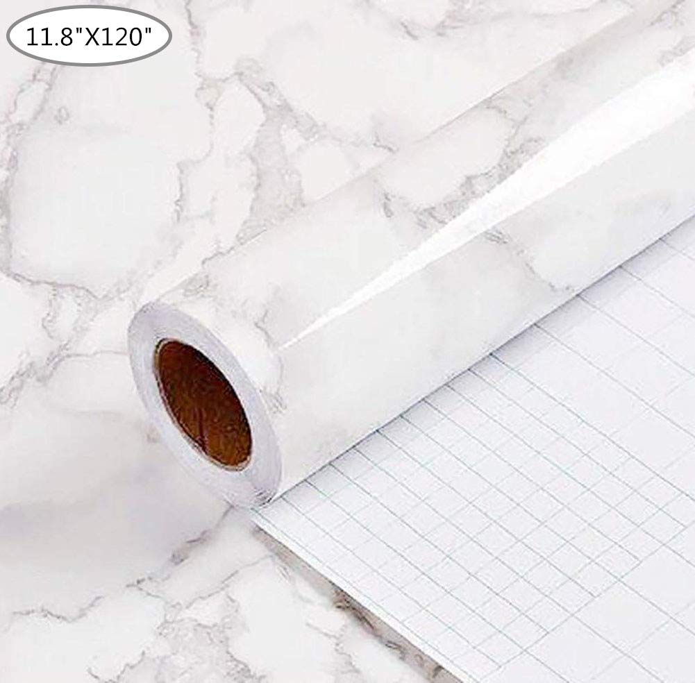 Yancorp 11.8"x120" White Gray Marble Removable Grey Wallpaper Film Self-Adhesive Kitchen Peel Stick Backsplash Granite Tile Countertop Furniture Shelf Liner (11.8"X120")