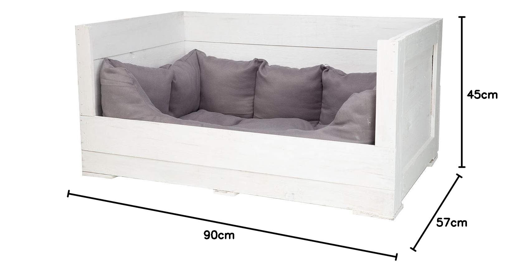 Kistenkolli Altes Land Hundebett Balu aus Holz mit Kissen 90x57x45cm Hundekorb Hundekissen Schlafplatz Vintage Hundesofa für draußen (90x57x45cm, Weiß)
