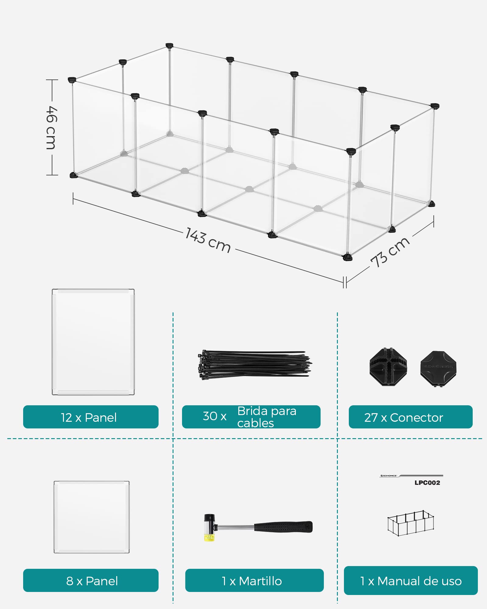 SONGMICS Valla para Mascotas, Parque para Cobayas con Suelo, Recinto Interior de Plástico Transparente para Hámsters, Conejos, Erizos, para Animales Pequeños, 143 x 73 x 46 cm, Blanco LPC02W