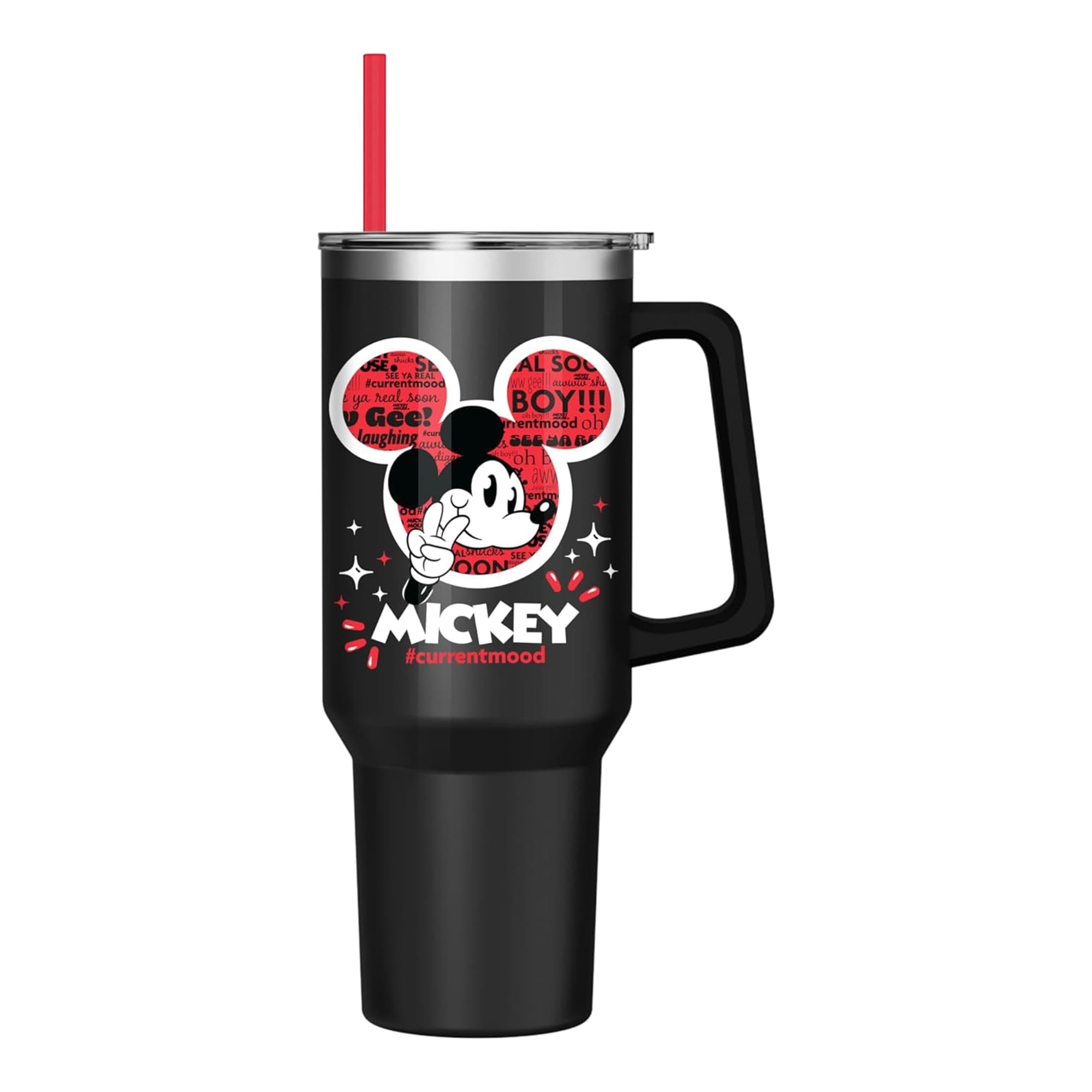Silver Buffalo Disney Classic Mickey Mouse Hashtag Current Mood “#currentmood” Double Walled Stainless Steel Tumbler with Handle and Straw, Fits in Standard Cup Holder, 40 Ounces