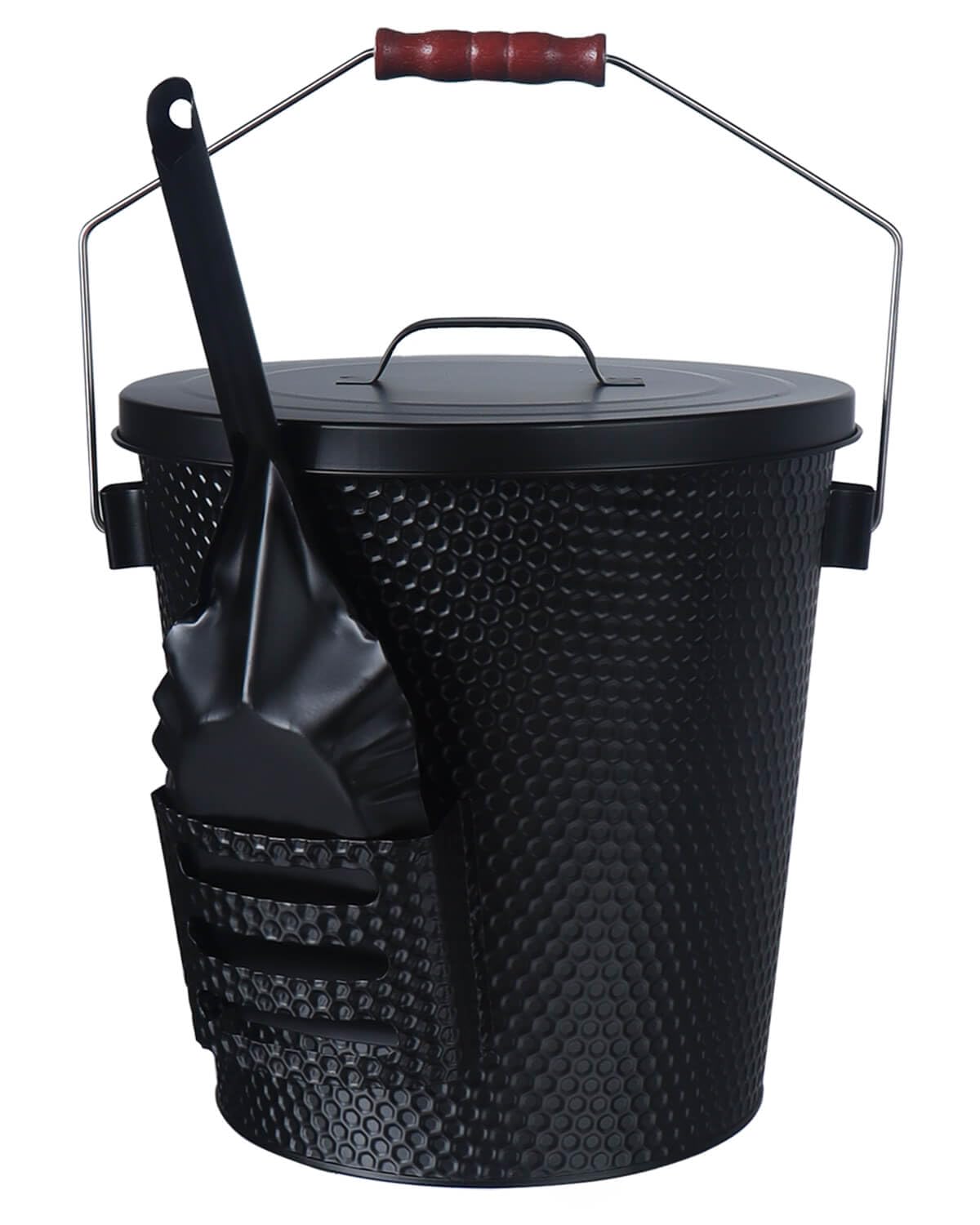 Cubo de ceniza de 5 galones con tapa, pala, escoba y guantes, hierro galvanizado resistente, resistente al fuego, acabado negro, perfecto para chimeneas, fogatas, estufas de leña y parrillas