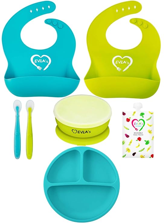 EVLA'S Baby Feeding Set, Baby Led Weaning Supplies, Adjustable Silicone Bibs, Divided Plate, Suction Bowl with Lid, Soft Spoons for Babies or Toddlers, Baby Registry must have!