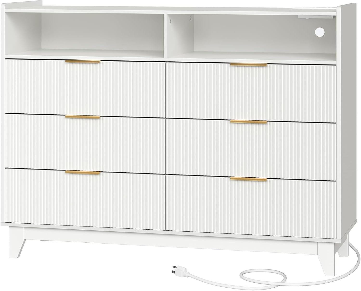 Fluted 6 Drawer Dresser for Bedroom, White Wooden Chest of Drawer with Charging Station, Dresser TV Stand, Double Wooden Drawer Organizer for Bedroom, Living Room, Hallway, White