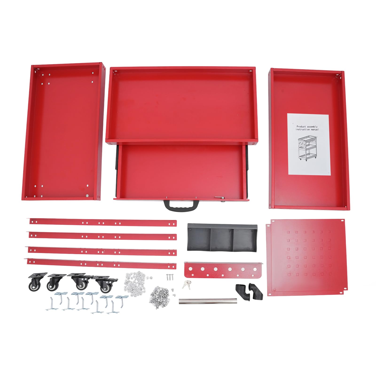 Carro de herramientas con capacidad de carga de 250 kg, con asa, carro de taller, carrito de transporte, carro de montaje con 3 niveles (rojo)