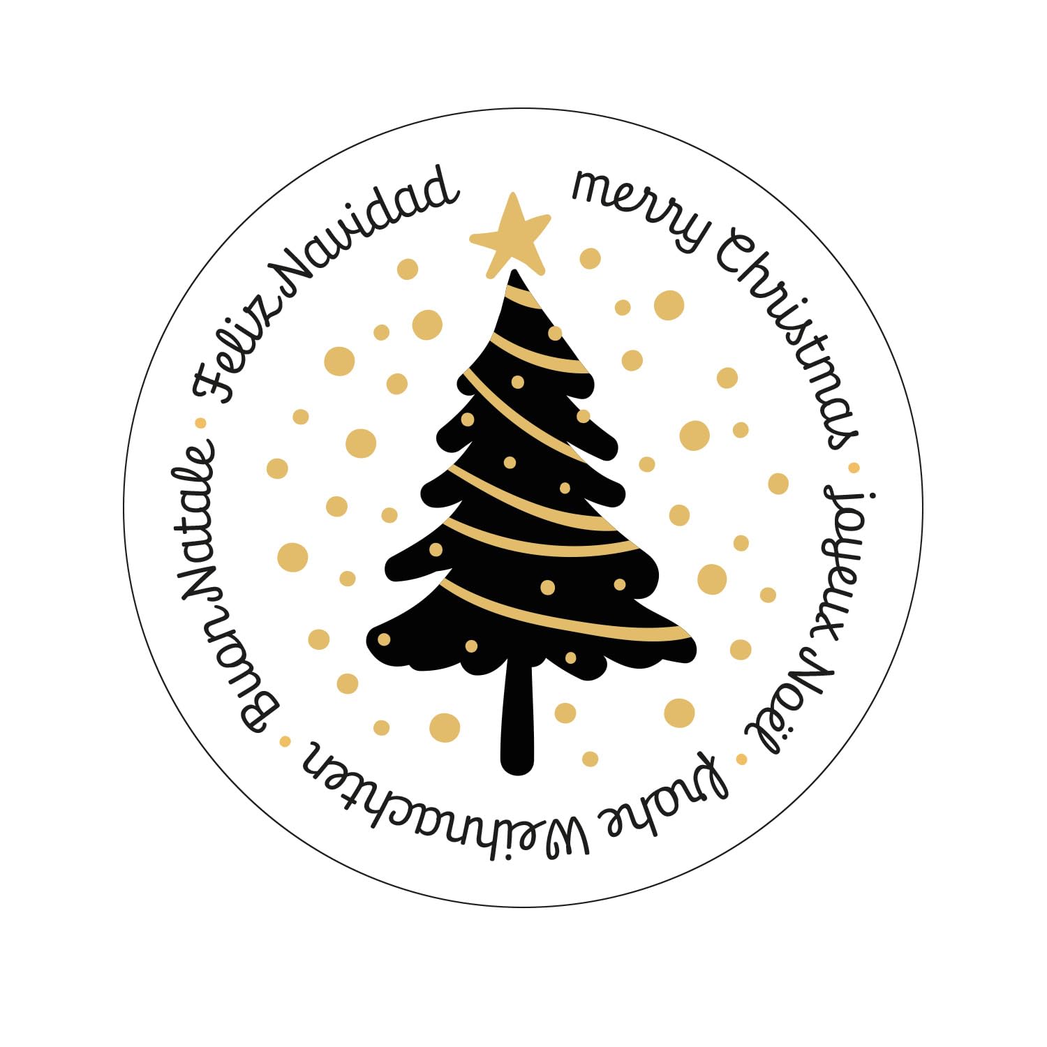 Logbuch-Verlag Rollo de 200 pegatinas navideñas con mensaje multilingüe árbol de navidad negro con detalles dorados sobre fondo blanco 5 cm - pegatinas modernas de navidad feliz navidad