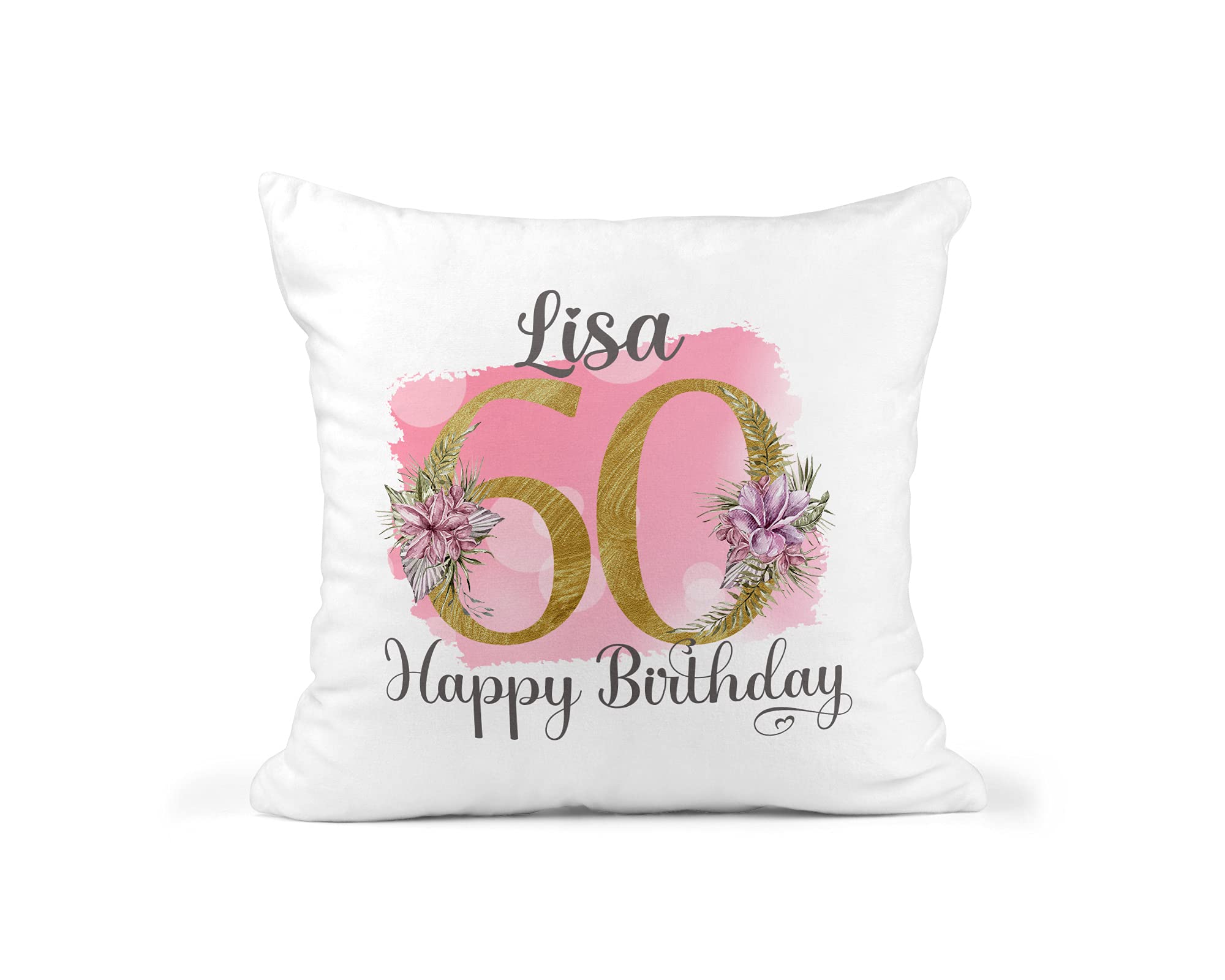 Personalised 60th Birthday Cushion With Name - Floral Number 60 - Pink