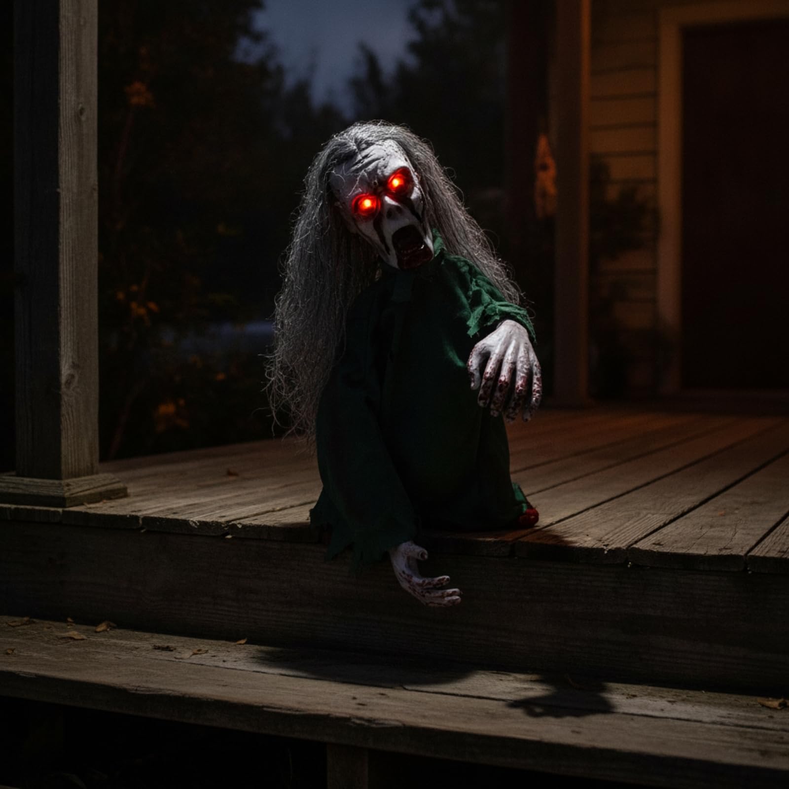 Zombie avec Yeux Lumineux Sonore, 60X30X20, Modèle Zombie Aux Cheveux Longs avec Support