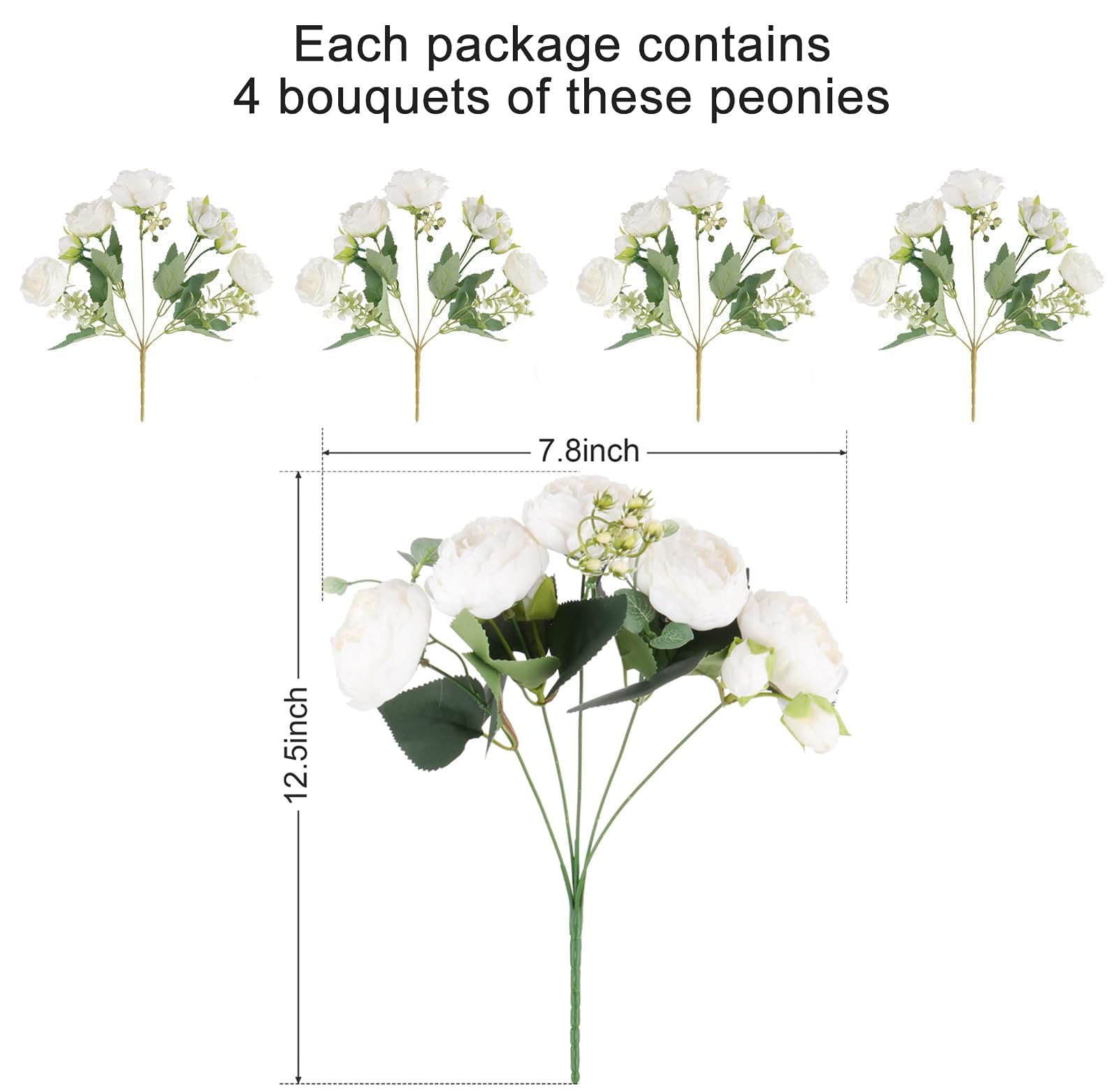 Songkuiwang Gorgeous 4 Bunches of Silk Peony Artificial Flowers - White Peonies Bouquets for Wedding Party Home Decor - Image 2