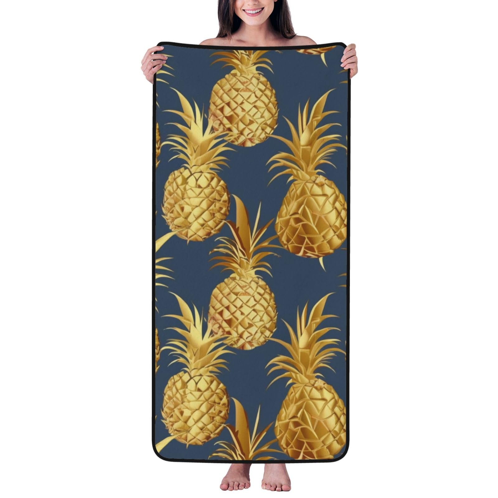 WPKJU Gold Pineapple Background Printed Bath Towel with Black Edging - 27x55 in Soft Extra Absorbent Coral Velvet Shower Towels for Bathroom