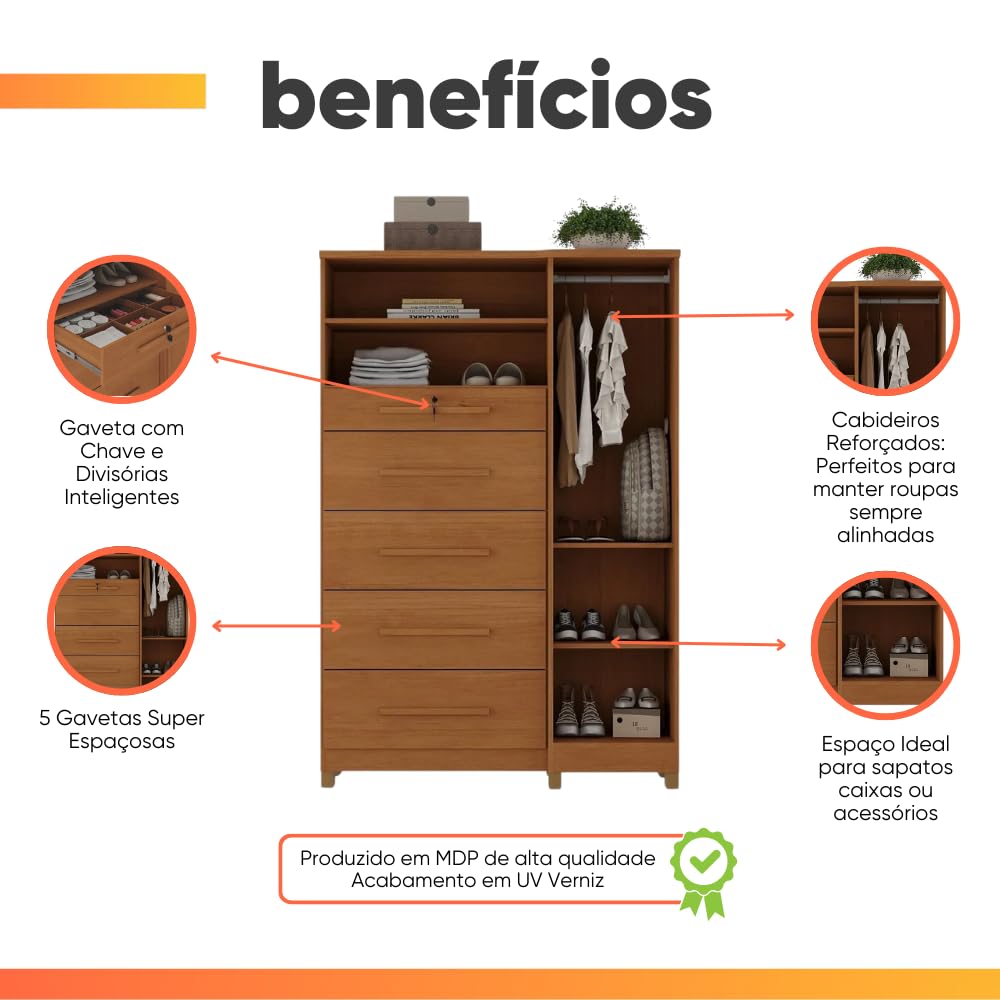 Cômoda com Sapateira e Cabideiro Multiuso 5 Gavetas 1 Porta