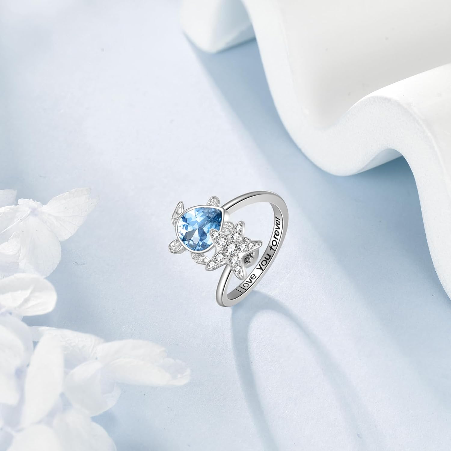 Sea Turtle Ring for Women 925 Sterling Silver Rotating starfish Rings I Love You Forever Cute Ocean Tortoise Ring Jewelry Mother Day Christmas Gifts